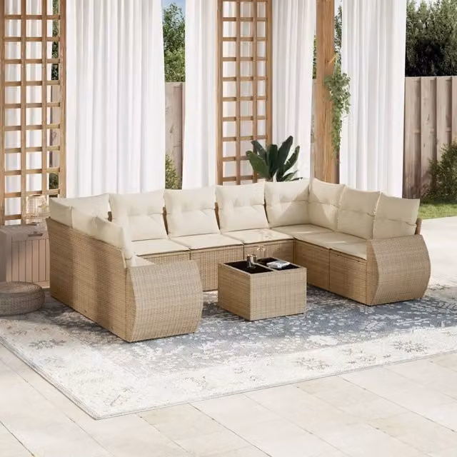 Set Divano da Giardino vidaXL 10 Pezzi in Polyrattan con Cuscini Beige e Tavolino, Design Moderno per Terrazza e Giardino