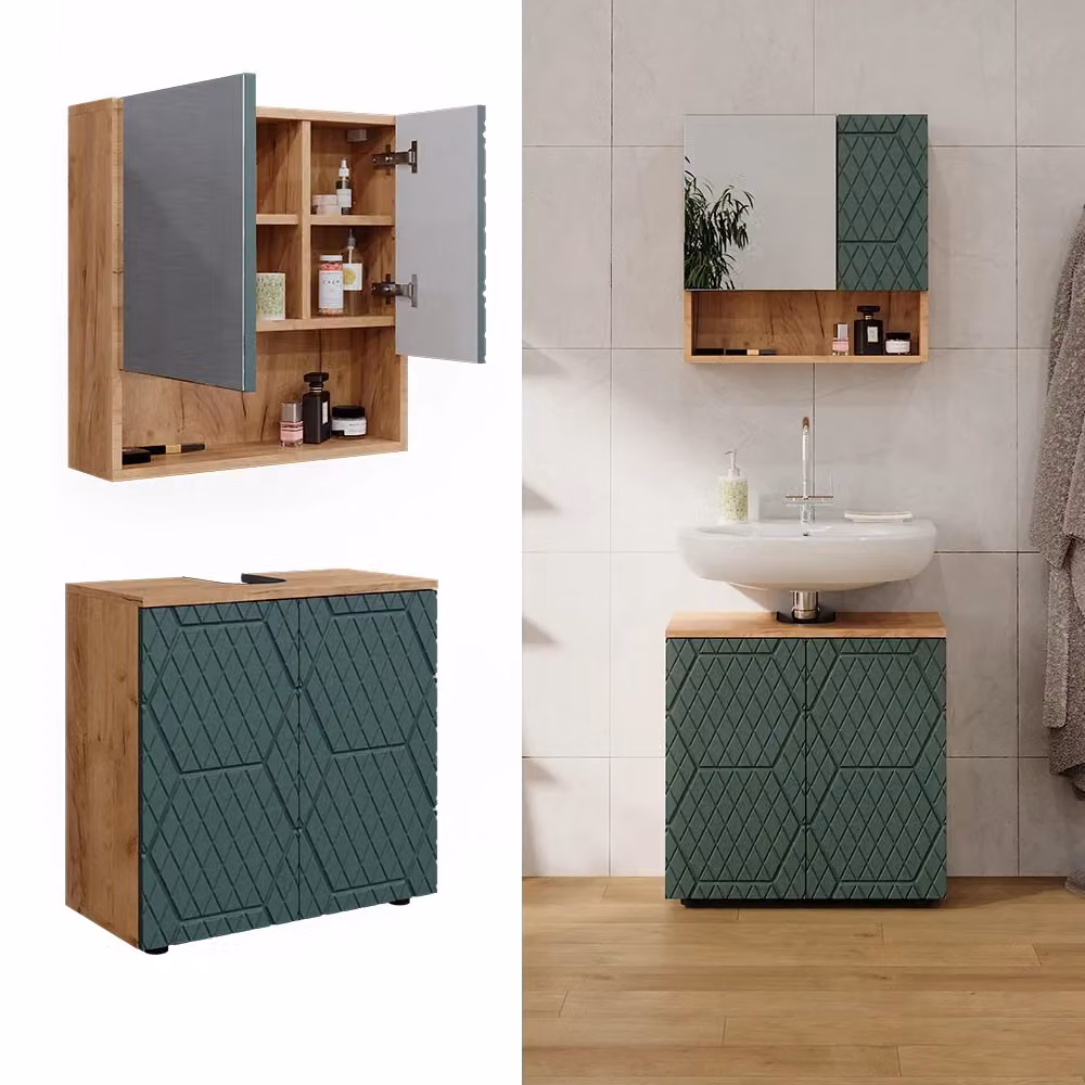 Set mobili bagno Vicco Irma composto da mobile lavabo e pensile con specchio, colore Verde e Rovere dorato, L: 60 cm, P: 30 cm, H: 59 cm – 2