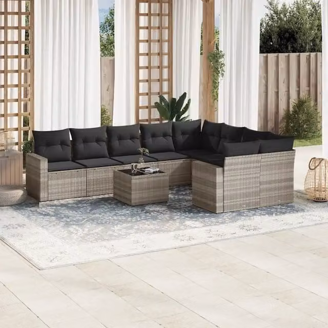 Set Divano Giardino 10 pz con Cuscini Grigio Chiaro Polyrattan 3219442