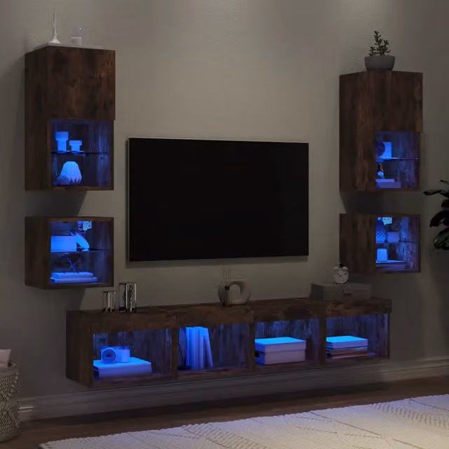 Mobili TV a Muro con LED 8pz Rovere Fumo in Legno Multistrato