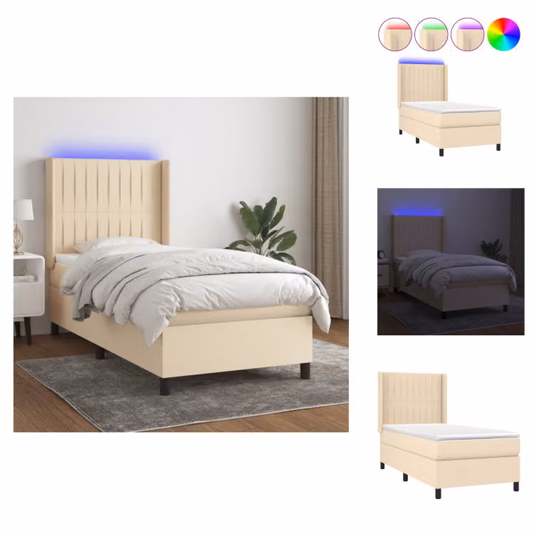 vidaXL Letto a molle insacchettate con materasso e tessuto LED crema 90x190 cm - Letti e strutture letto