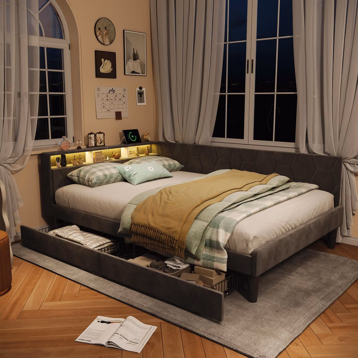 UnboxG Letto matrimoniale 140×200 cm, grigio, tessuto in velluto, con 2 cassetti, LED e porta di ricarica USB/Type-C, testiera con spazio di archiviazione, regolabile, letto contenitore / letto da camera da letto