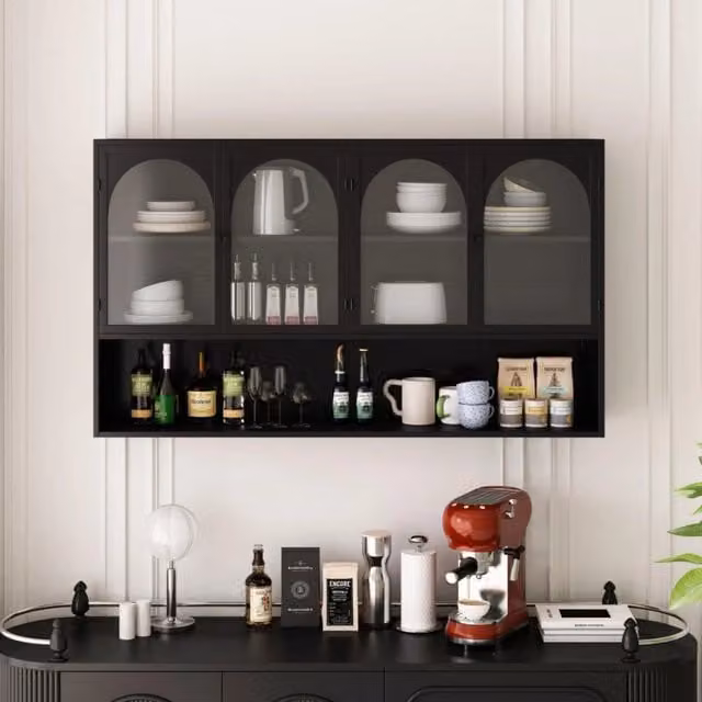 Armadio da parete, vetrina, design a quattro ante, struttura in ferro battuto, vetro temperato, sistemazione verticale, nero