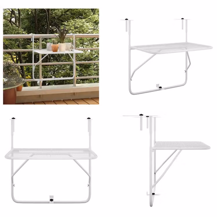 vidaXL Tavolo da balcone bianco 60x40 cm in acciaio - Tavolo da balcone - Tavoli da balcone - Tavolo sospeso - Tavolo bar da balcone