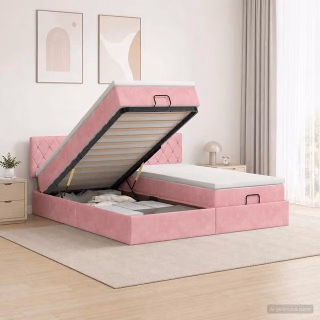 Letto ottomano con contenitore e materasso vidaXL in velluto rosa, L/P/H: 200 x 160 x 88 cm