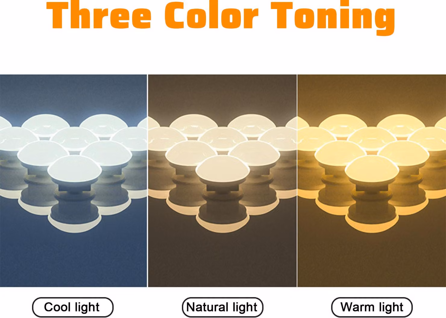 Lampadina LED per specchio cosmetico anteriore, USB per trucco, tricolore, dimmerabile, luci di ricarica