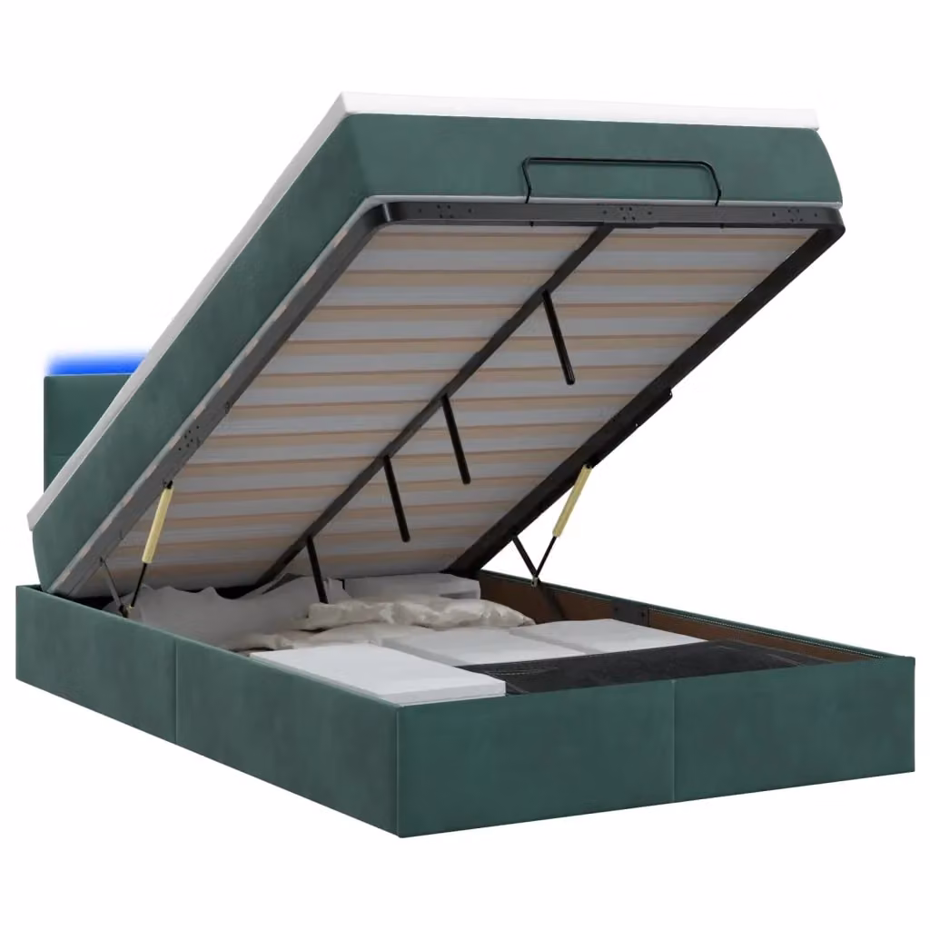 Letto Ottomano vidaXL in Velluto Verde e Bianco con Base a Sollevamento, Materasso Ibrido e Illuminazione LED Sotto il Letto, L/P/H: 120 x 200 x 88 cm – 2