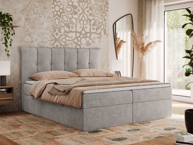 MKS MEBLE Letto boxspring 180x200 con contenitore e materasso H4, letto imbottito 180x200 con contenitore, letto 180x200 con spazio contenitivo e topper - Premium-10 - Grigio chiaro strutturato