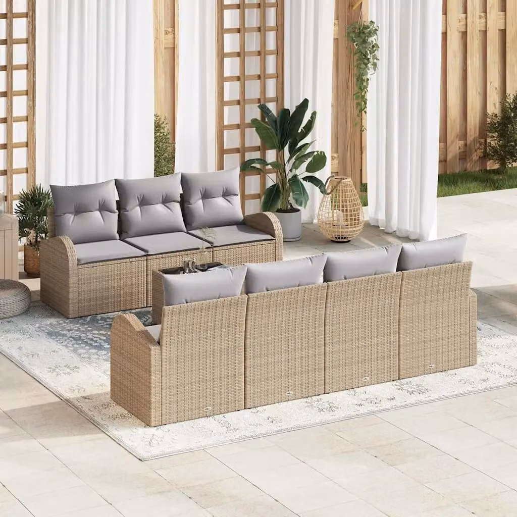 Set Divano da Giardino vidaXL 8 Pezzi Beige con Cuscini e Tavolino in Polyrattan e Acciaio
