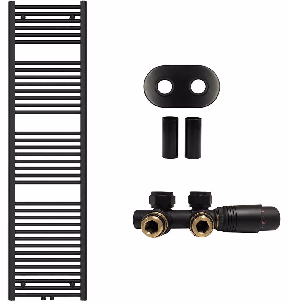 Kit radiatore per bagno Benito – riscaldamento centralizzato – attacco centrale da 50 mm – 703W – nero opaco – 1700x450 mm