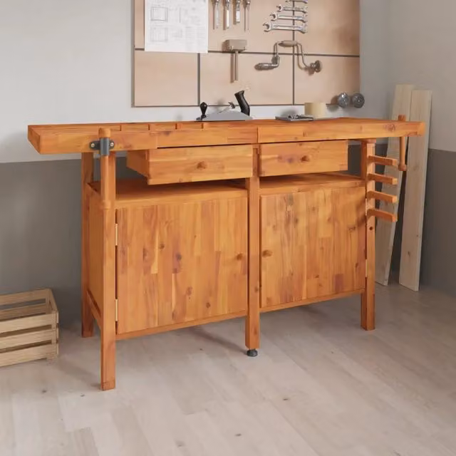 Banco da lavoro vidaXL con cassetti e morsa in legno di acacia marrone L/P/H: 162 x 62 x 83 cm – 1