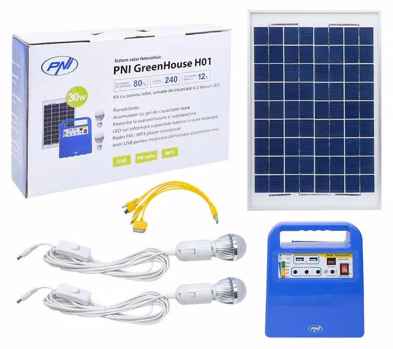 Solar-Set 10W, portatile, con batteria, 2 lampade a LED, porta USB, radio FM