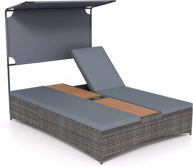 Lettino prendisole per 2 persone con tettuccio schienali regolabili, Lettino prendisole con tavolino integrato per balcone terrazza e patio Grigio