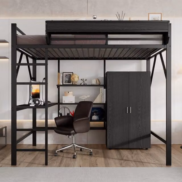Letto a castello con scrivania e armadio 140x200 cm realizzato in MDF nero e metallo
