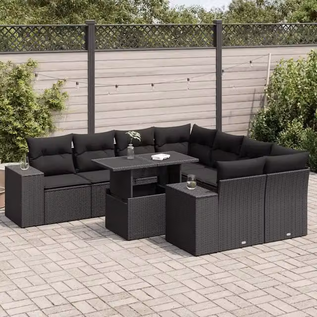 Set Divani da Giardino 9 pz con Cuscini Nero in Polyrattan 3326766