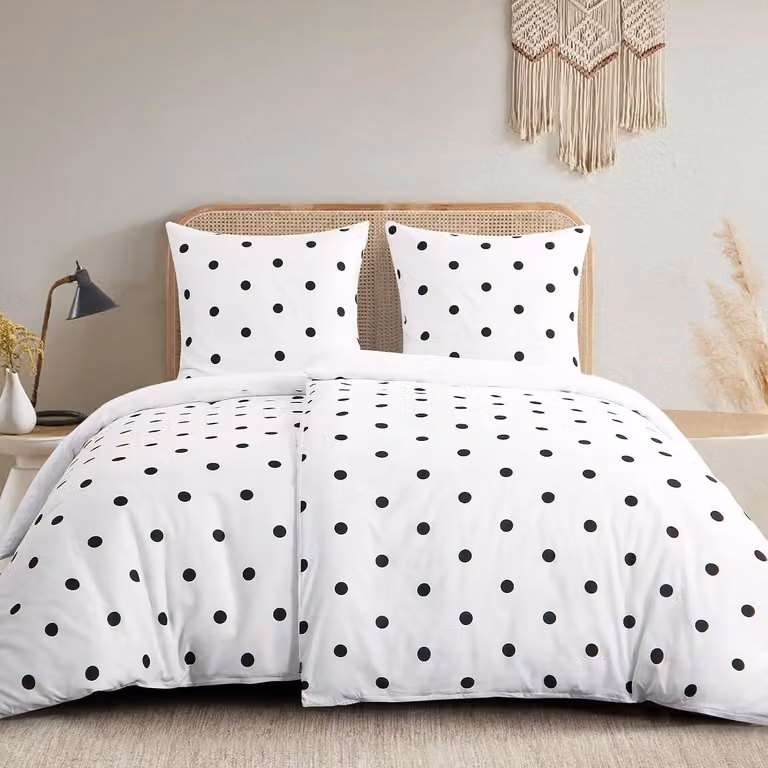 Set di lenzuola con copripiumino 135x200 cm - 4 pezzi - Microfibra - Motivo a pois - Con chiusura a zip - Bianco