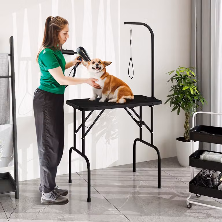 Tavolo per toelettatura cani pieghevole Costway con bracci regolabili in altezza Nero