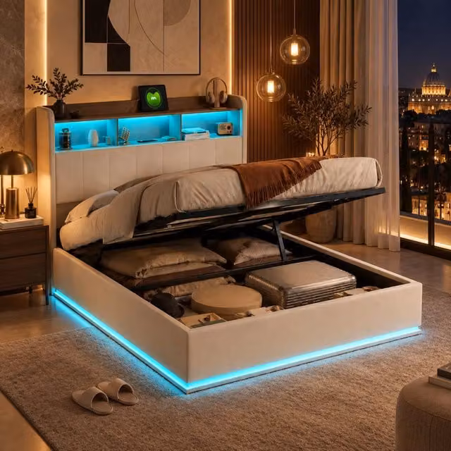 Letto Imbottito 140x190 cm;Letto Matrimoniale con Contenitore idraulico e Rete a doghe;testiera LED e USB con vano contenitore;Velluto;Beige