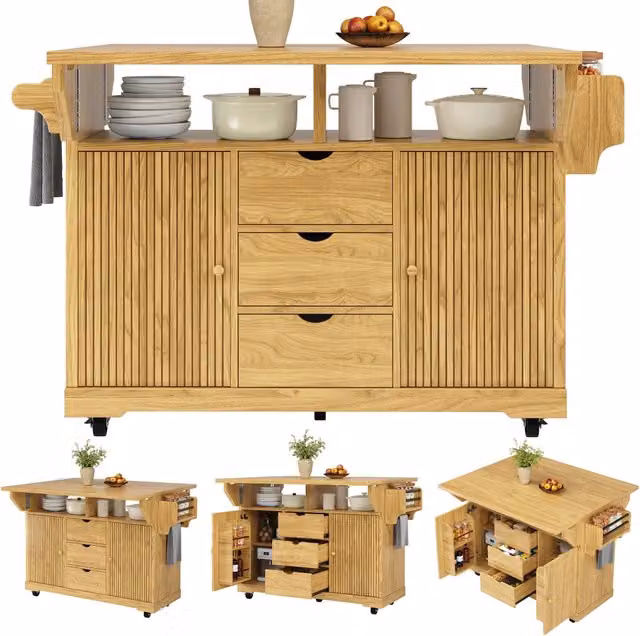 Carrello da cucina con piano estensibile 142;5 x 80 x 95 cm; 3 cassetti; ruote frenanti; MDF e metallo; marrone naturale