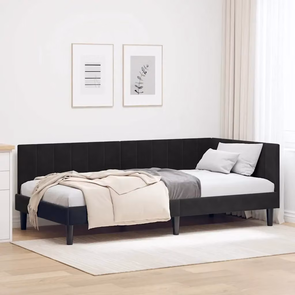 Letto singolo moderno DESIGN IN in velluto nero con struttura in legno, L 90 cm x P 200 cm – 2