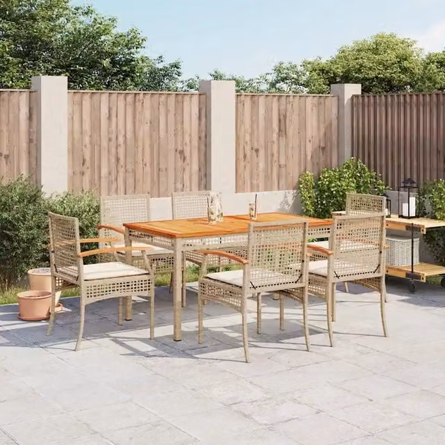 Set da pranzo da giardino vidaXL in legno di acacia e polyrattan con 7 pezzi e cuscini beige e bianchi