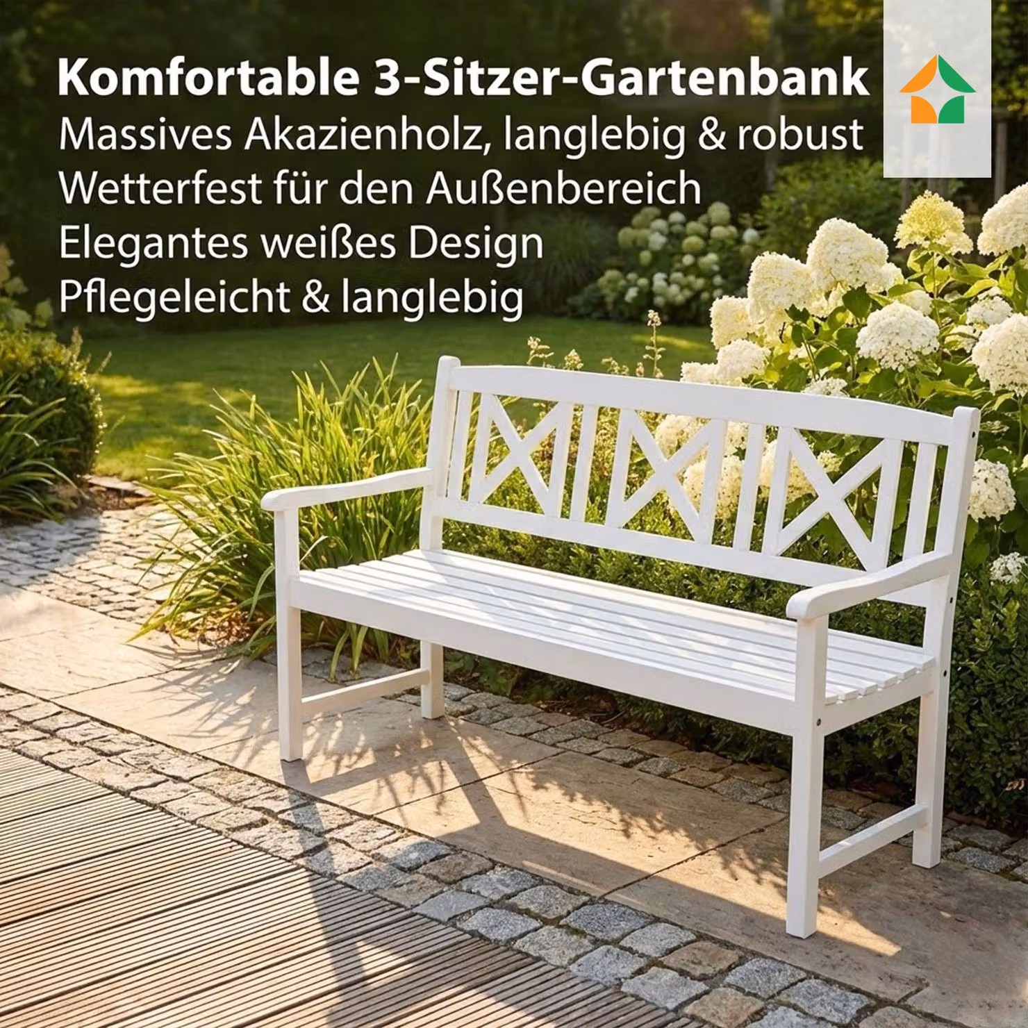 panchina da giardino a 3 posti in legno di acacia, circa 150 x 61 x 89 cm - bianco