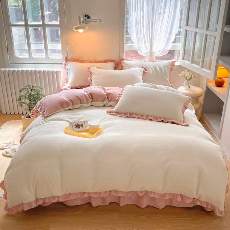 Set di lenzuola in flanella - Copripiumino con cerniera - Bianco-rosa - Misura matrimoniale