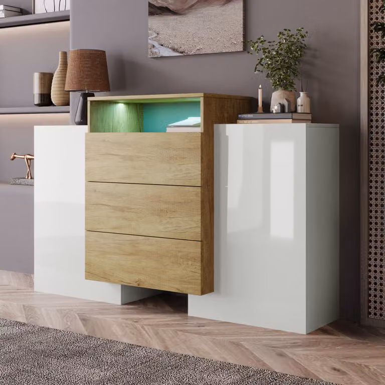 Credenza Fortuna-Lai con illuminazione a LED, 140 cm, colore bianco lucido e legno. Mobili da soggiorno Mobile da soggiorno Mobile da pavimento