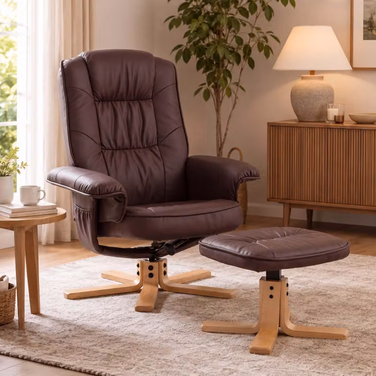 Poltrona relax H56, poltrona da TV con poggiapiedi, in Pelle finta e legno di eucalipto, certificata MVG ~ rosso-marrone