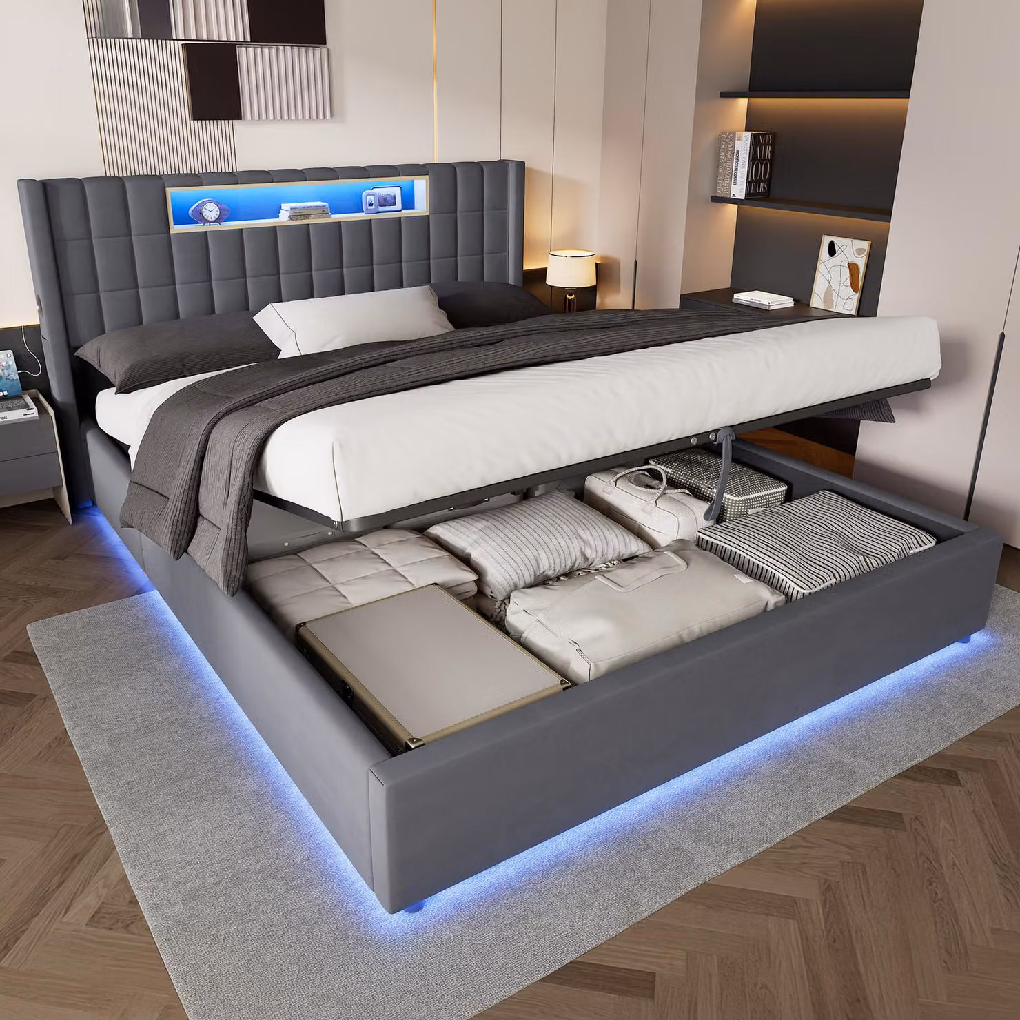 Letto imbottito MODFU 180x200, in velluto, letto per ragazzi con ampio spazio contenitivo, cassone contenitore idraulico, illuminazione LED e ripiano imbottito, moderno letto matrimoniale, senza materasso, colore grigio