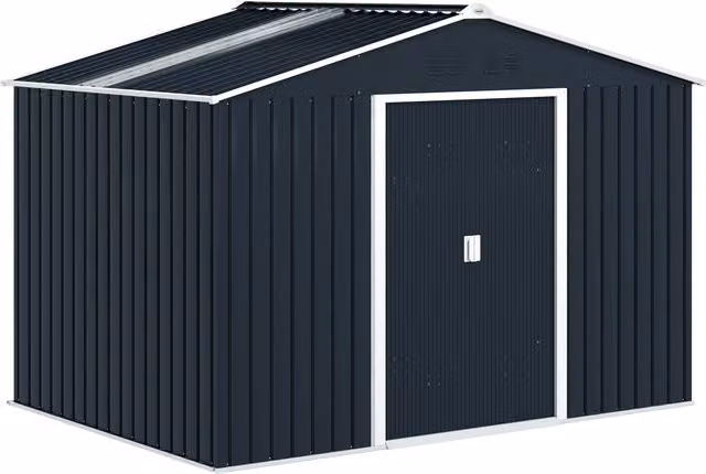 Casetta porta attrezzi Outsunny in acciaio con tetto a spiovente e 2 porte scorrevoli, L: 277 cm, P: 195 cm, H: 192 cm, Grigio scuro – 1