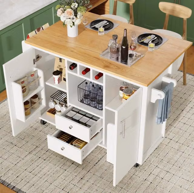 Isola cucina 137,9 cm bianca – piano ribaltabile, mobile e contenitore