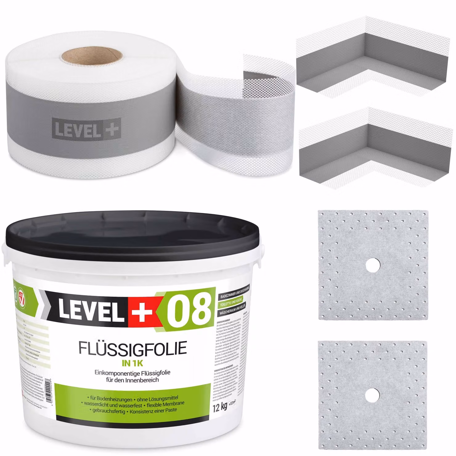Kit di impermeabilizzazione Pellicola liquida 12 kg Nastro di tenuta 10 mb - LEVEL+ SET18