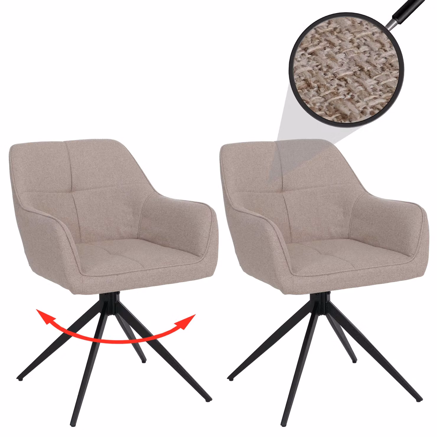 Set di 2 sedie da pranzo modello HWC-O47, sedia da cucina con braccioli, girevole con sistema di ritorno automatico, rivestita in tessuto (270g/m²), colore beige