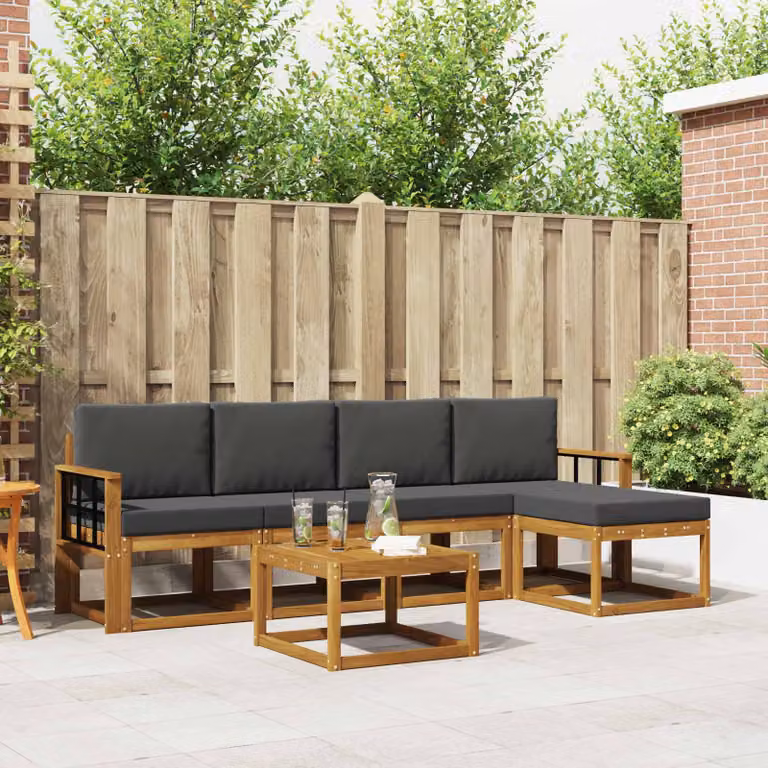vidaXL Set di divani da esterno a L in legno di acacia con tavolino e pouf, Beige e Antracite
