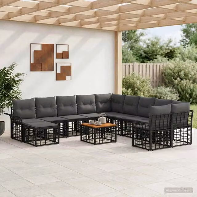 Set di divani da esterno 12 pz Nero e Grigio scuro Poliestere 3437823