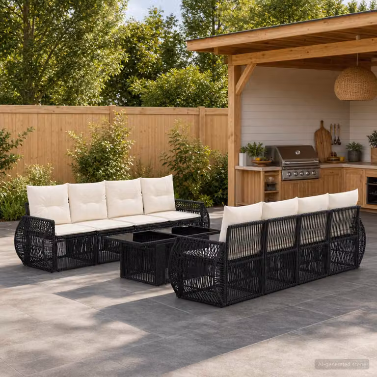 Set Divano da Giardino vidaXL 9 pz in Polyrattan Nero e Bianco Crema con Cuscini e Tavolino da Esterno a Forma di U
