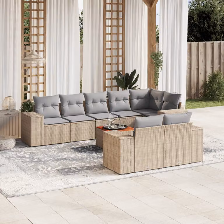 vidaXL Set Divano da Giardino a L 9 pz in Polyrattan con Cuscini Beige e Grigio e Tavolino da Caffè