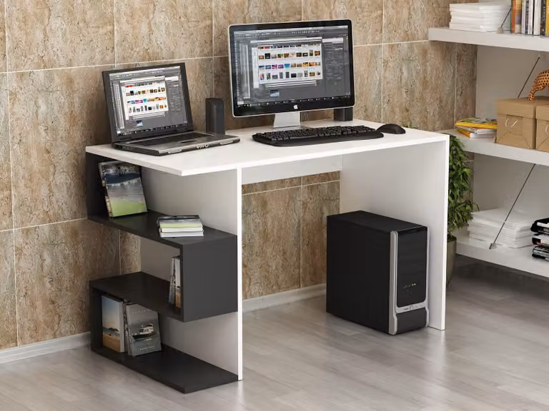 HOMIDEA WARREN Scrivania per computer con mensola - Scrivania moderna per l'home office e l'ufficio (bianco/nero)