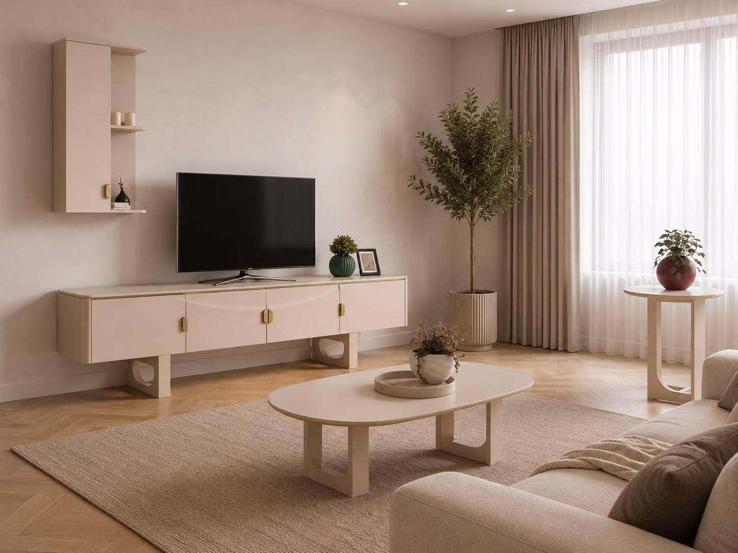 Set moderno per soggiorno, composto da parete TV, tavolino da caffè e tavolino laterale