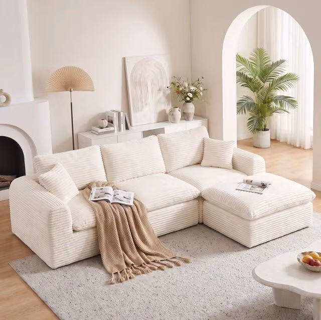 Divano angolare modulare 280x180x65 cm in tessuto a coste beige, convertibile, salvaspazio –