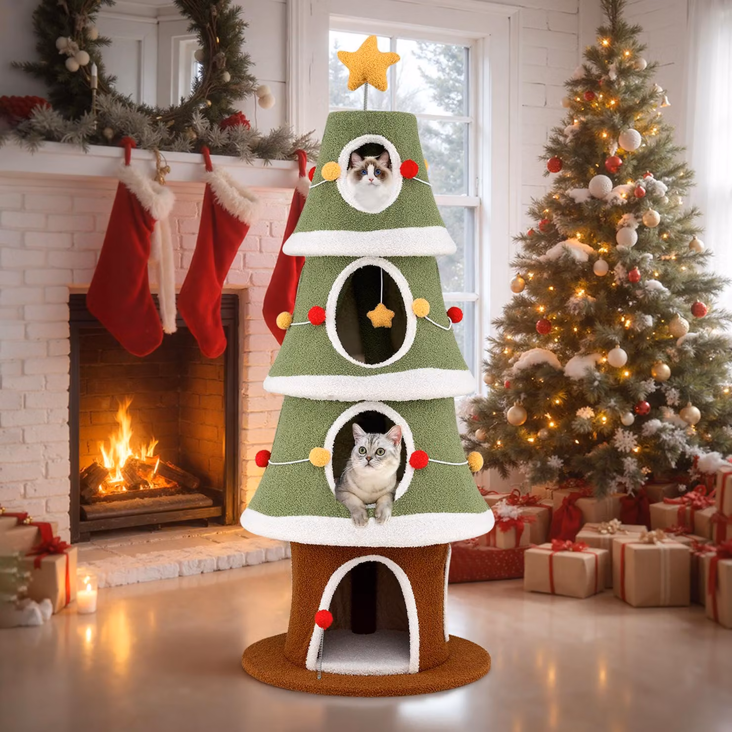 COSTWAY Tiragraffi natalizio, 154 cm, albero per gatti con 4 grotte per gatti, tiragraffi, base grande, stella e palline, albero di Natale per gatti, verde