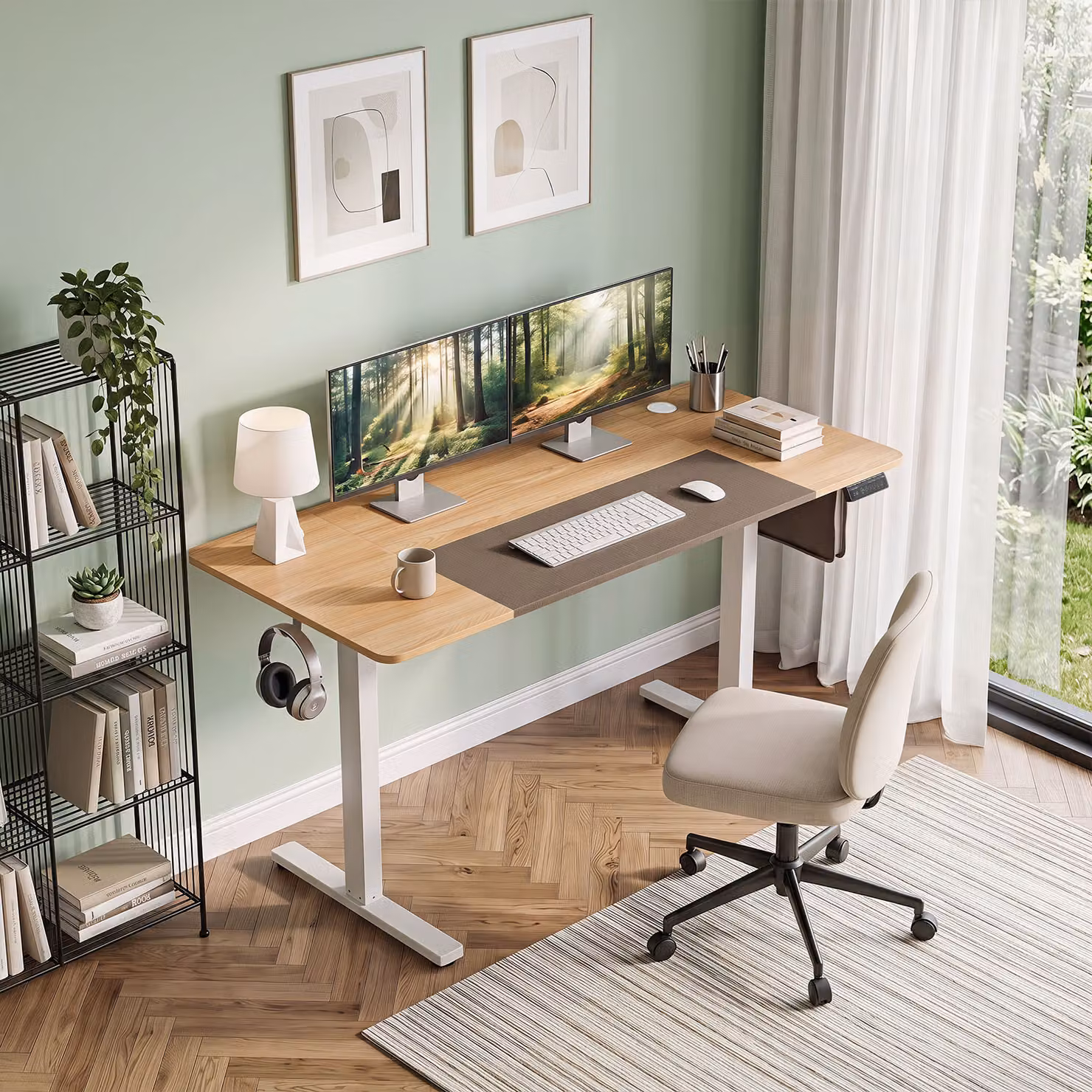 Scrivania elettrica regolabile in altezza Costway con pannello di controllo e ganci, tavolo porta PC moderno in legno e laminato MDF per ufficio e casa, colore beige o marrone