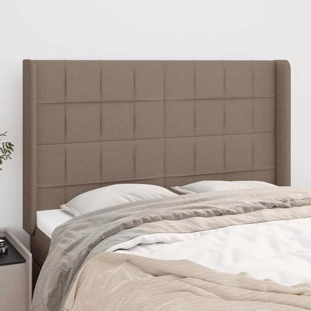 Testiera ad orecchio vidaXL in tessuto color tortora con struttura in legno L: 147 cm, P: 16 cm, H: 118-128 cm