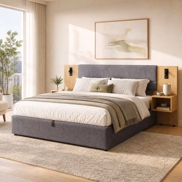 Letto 180x200 cm in velluto grigio e naturale con contenitore e sollevamento idraulico; 2 comodini; illuminazione e USB