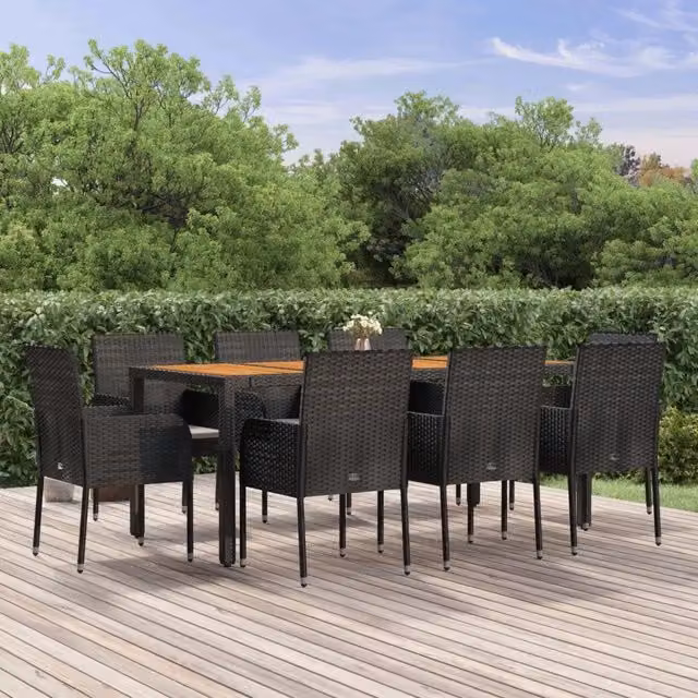 Set da Pranzo da Giardino 9 pz con Cuscini Nero in Polyrattan 3185016