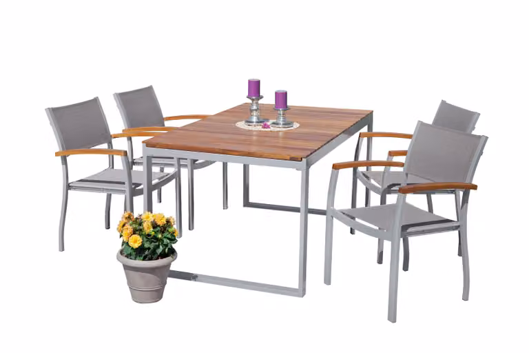 Merxx Set Naxos 5 pezzi - 4 sedie impilabili, 1 tavolo allungabile - Colore: argento/marrone - Dimensioni: sedie: 59x59x85 Tavolo: 150/200 x90x74 cm; 4x 22000-309 + 1x 22004-219