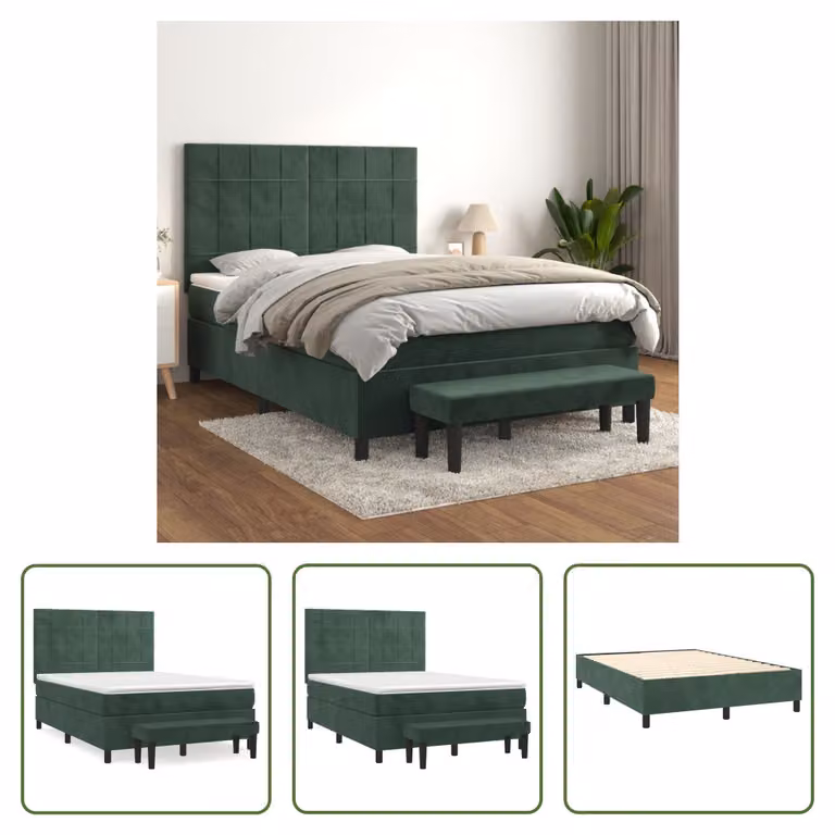 The Living Store Letto a molle con materasso verde scuro 140x190 cm in velluto