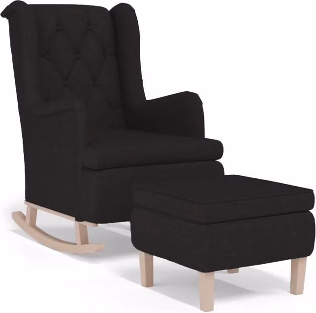 Poltrona con Gambe a Dondolo | Sedia Relax e Sgabello Nero in Tessuto