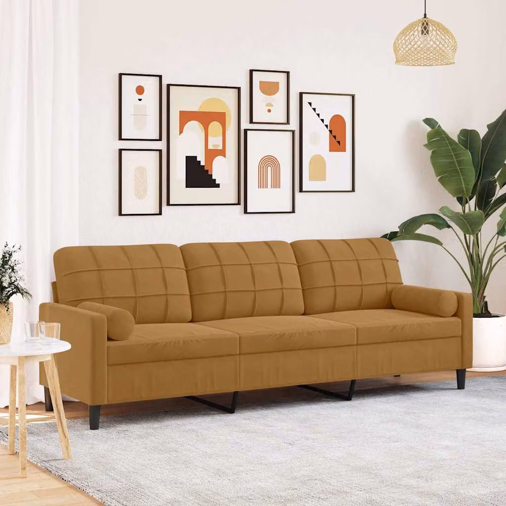vidaXL Divano a 3 Posti Moderno in Velluto Marrone con Cuscini e Coperture Rimovibili – 1